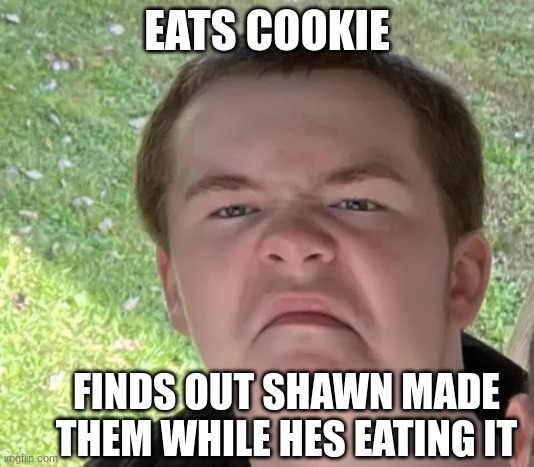 Space Geek | EATS COOKIE; FINDS OUT SHAWN MADE THEM WHILE HES EATING IT | image tagged in space geek | made w/ Imgflip meme maker
