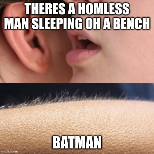 batmen | THERES A HOMLESS MAN SLEEPING OH A BENCH; BATMAN | image tagged in whisper and goosebumps | made w/ Imgflip meme maker
