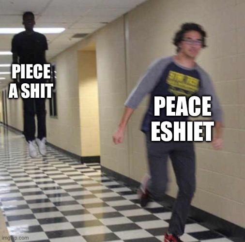 floating boy chasing running boy | PIECE A SHIT PEACE ESHIET | image tagged in floating boy chasing running boy | made w/ Imgflip meme maker