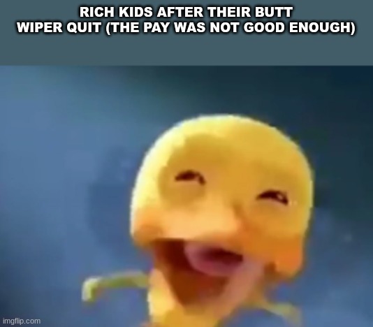 fr | RICH KIDS AFTER THEIR BUTT WIPER QUIT (THE PAY WAS NOT GOOD ENOUGH) | image tagged in crying duck,memes | made w/ Imgflip meme maker