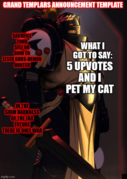 grand_templar | 5 UPVOTES AND I PET MY CAT | image tagged in grand_templar | made w/ Imgflip meme maker