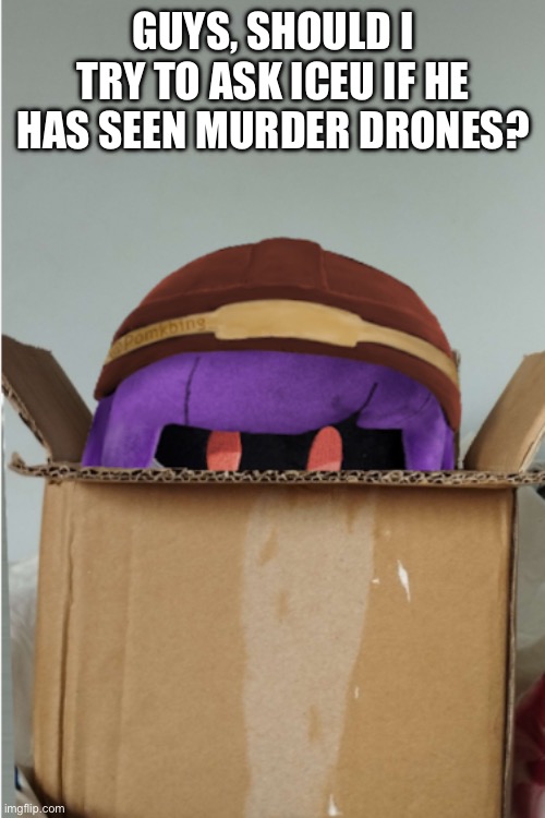 Doll plush | GUYS, SHOULD I TRY TO ASK ICEU IF HE HAS SEEN MURDER DRONES? | image tagged in doll plush | made w/ Imgflip meme maker