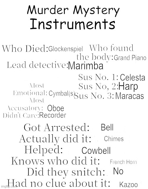 Murder Mystery | Instruments; Glockenspiel; Grand Piano; Marimba; Celesta; Harp; Cymbal(s); Maracas; Oboe; Recorder; Bell; Chimes; Cowbell; French Horn; No; Kazoo | image tagged in murder mystery | made w/ Imgflip meme maker