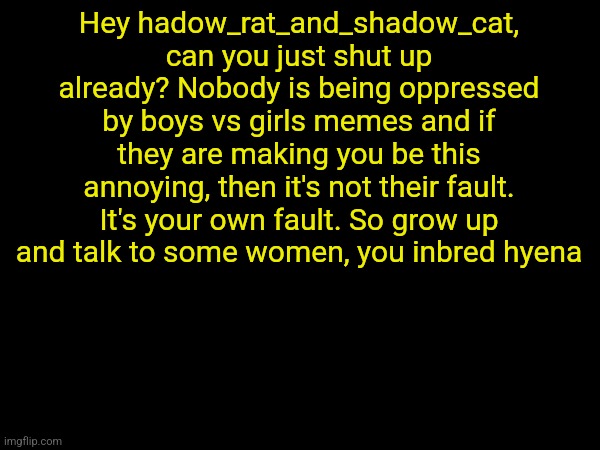 drizzy text temp | Hey hadow_rat_and_shadow_cat, can you just shut up already? Nobody is being oppressed by boys vs girls memes and if they are making you be this annoying, then it's not their fault. It's your own fault. So grow up and talk to some women, you inbred hyena | image tagged in drizzy text temp | made w/ Imgflip meme maker