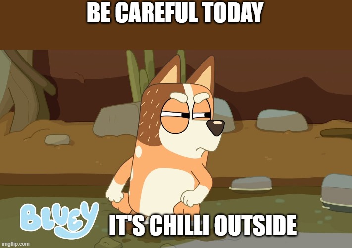 Chilli outside | BE CAREFUL TODAY; IT'S CHILLI OUTSIDE | image tagged in bluey,chilli,chilly | made w/ Imgflip meme maker