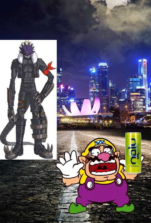 Wario dies by stealing Beelzemon's Energy drink | image tagged in city background,wario dies,digimon,crossover | made w/ Imgflip meme maker