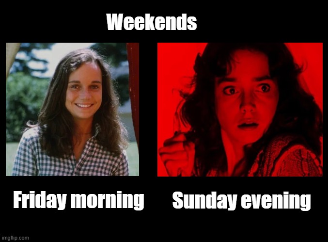 Every Weekend | Weekends; Sunday evening; Friday morning | image tagged in blank black,weekend,joke | made w/ Imgflip meme maker
