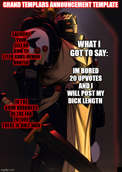 grand_templar | IM BORED 20 UPVOTES AND I WILL POST MY DICK LENGTH | image tagged in grand_templar | made w/ Imgflip meme maker