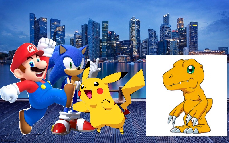 Mario,Sonic,Pikachu and Agumon enjoying a Big city adventure | image tagged in city background,super mario bros,sonic the hedgehog,pokemon,digimon,crossover | made w/ Imgflip meme maker
