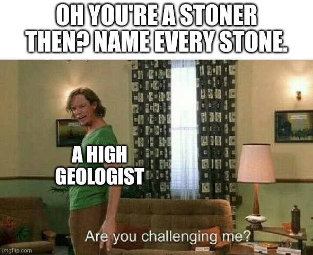 Are you challenging me? | OH YOU'RE A STONER THEN? NAME EVERY STONE. A HIGH GEOLOGIST | image tagged in are you challenging me,the high geologist,google him | made w/ Imgflip meme maker