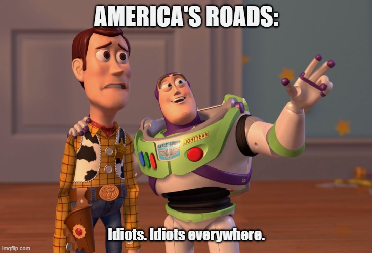 X, X Everywhere | AMERICA'S ROADS:; Idiots. Idiots everywhere. | image tagged in memes,x x everywhere | made w/ Imgflip meme maker