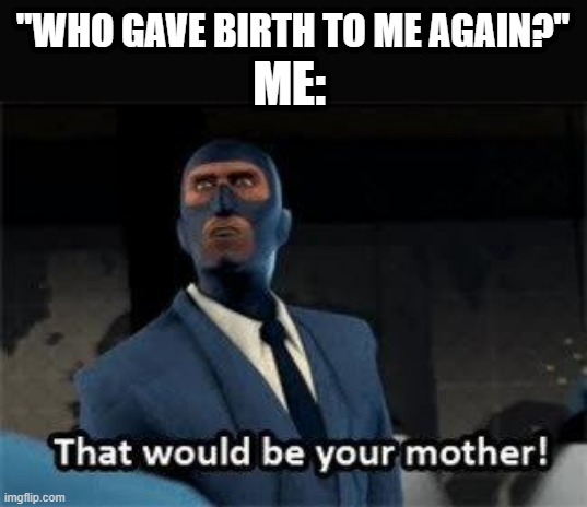 That would be your mother | "WHO GAVE BIRTH TO ME AGAIN?"; ME: | image tagged in that would be your mother | made w/ Imgflip meme maker