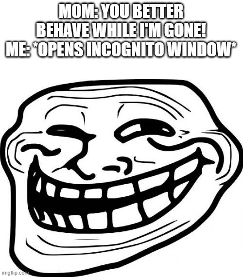 hehe | MOM: YOU BETTER BEHAVE WHILE I'M GONE!
ME: *OPENS INCOGNITO WINDOW* | image tagged in memes,troll face,incognito | made w/ Imgflip meme maker