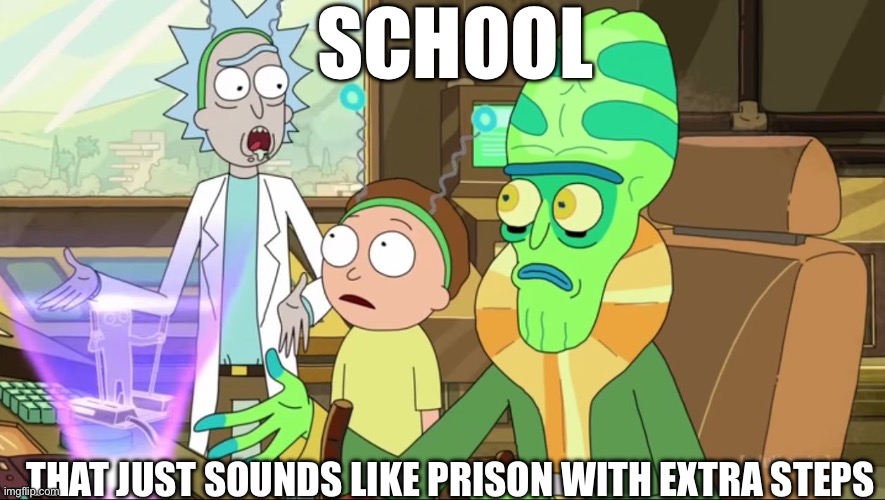 The people who made it deserve to die in a fucking fire | SCHOOL; THAT JUST SOUNDS LIKE PRISON WITH EXTRA STEPS | image tagged in rick and morty-extra steps | made w/ Imgflip meme maker