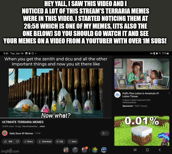 Yeah yeah | HEY YALL, I SAW THIS VIDEO AND I NOTICED A LOT OF THIS STREAM'S TERRARIA MEMES WERE IN THIS VIDEO. I STARTED NOTICING THEM AT 26:58 WHICH IS ONE OF MY MEMES, (ITS ALSO THE ONE BELOW) SO YOU SHOULD GO WATCH IT AND SEE YOUR MEMES ON A VIDEO FROM A YOUTUBER WITH OVER 1M SUBS! | image tagged in how to handle fame,terraria | made w/ Imgflip meme maker
