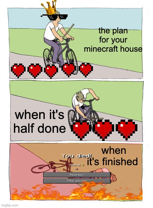 Bike Fall | the plan for your minecraft house; when it's half done; when it's finished | image tagged in memes,bike fall | made w/ Imgflip meme maker