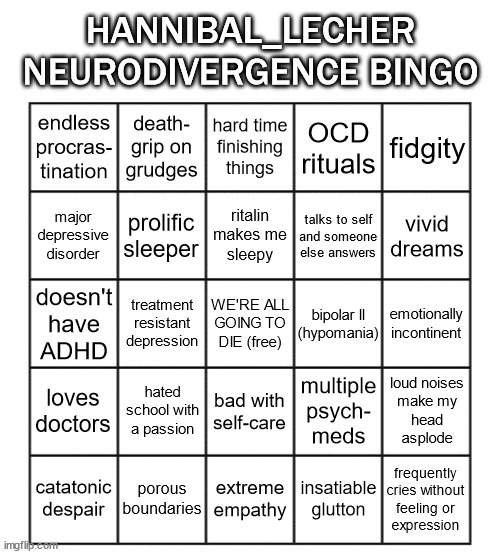 I made a neurodivergent bingo! | HANNIBAL_LECHER NEURODIVERGENCE BINGO; death-
grip on
grudges; hard time
finishing
things; fidgity; endless
procras-
tination; OCD rituals; prolific
sleeper; ritalin
makes me
sleepy; major depressive disorder; vivid dreams; talks to self
and someone
else answers; treatment resistant depression; WE'RE ALL
GOING TO DIE (free); emotionally incontinent; doesn't
have
ADHD; bipolar II
(hypomania); hated school with a passion; loves doctors; multiple
psych-
meds; loud noises
make my
head
asplode; bad with
self-care; catatonic despair; porous boundaries; extreme empathy; insatiable glutton; frequently
cries without
feeling or
expression | image tagged in blank five by five bingo grid | made w/ Imgflip meme maker