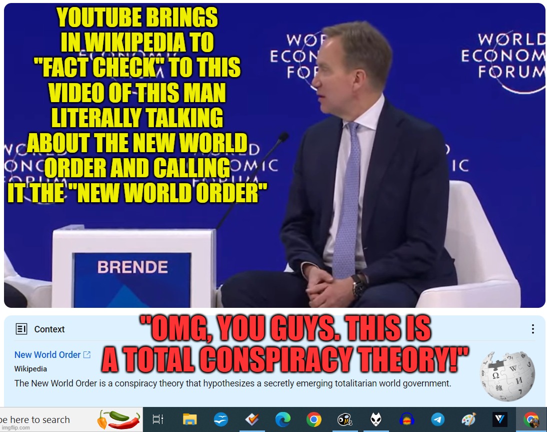Conspiracy: False fact check on the Conspiracy Fact | YOUTUBE BRINGS IN WIKIPEDIA TO "FACT CHECK" TO THIS VIDEO OF THIS MAN LITERALLY TALKING ABOUT THE NEW WORLD ORDER AND CALLING IT THE "NEW WORLD ORDER"; "OMG, YOU GUYS. THIS IS A TOTAL CONSPIRACY THEORY!" | image tagged in conspiracy fact,yoops,youtube | made w/ Imgflip meme maker