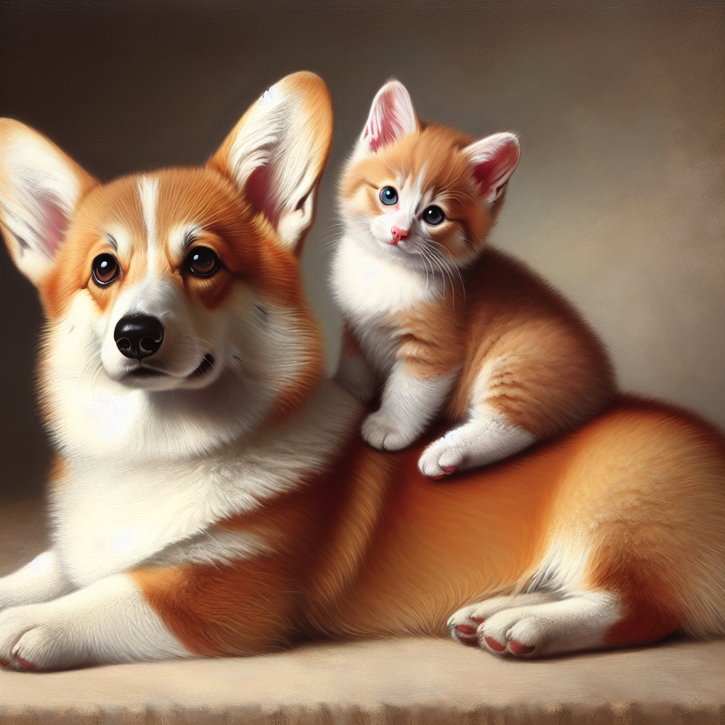 cute kitten sitting on the corgi Blank Meme Template