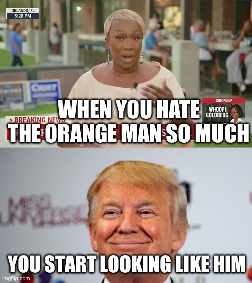 WHEN YOU HATE THE ORANGE MAN SO MUCH; YOU START LOOKING LIKE HIM | image tagged in big mouth joy reid,donald trump approves,donald trump | made w/ Imgflip meme maker