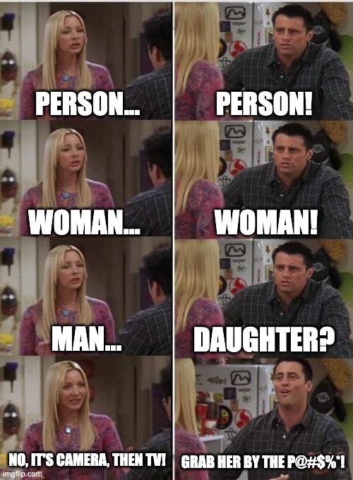 Phoebe Joey | PERSON... PERSON! WOMAN! WOMAN... MAN... DAUGHTER? NO, IT'S CAMERA, THEN TV! GRAB HER BY THE P@#$%*! | image tagged in phoebe joey | made w/ Imgflip meme maker