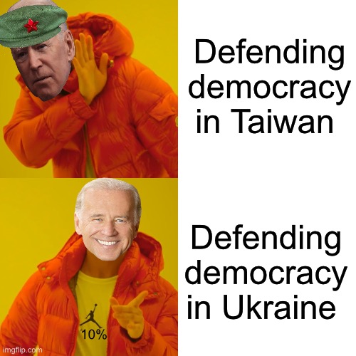 Must not be any profit for one of these | Defending democracy in Taiwan; Defending democracy in Ukraine; 10% | image tagged in memes,drake hotline bling,politics lol,government corruption,derp | made w/ Imgflip meme maker