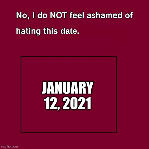 No, I do NOT feel ashamed of hating 12/01/2021. | date. JANUARY 12, 2021 | image tagged in no i don't feel ashamed | made w/ Imgflip meme maker