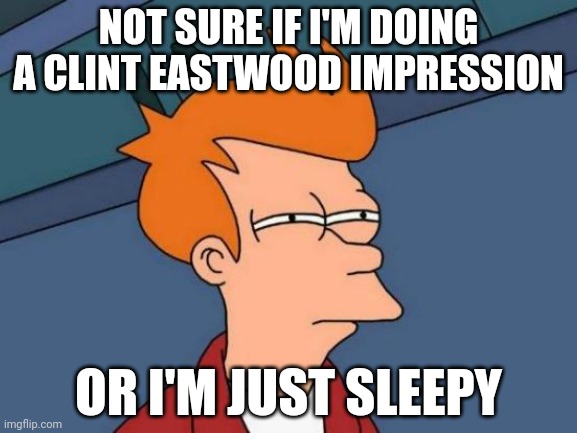 Futurama Fry | NOT SURE IF I'M DOING A CLINT EASTWOOD IMPRESSION; OR I'M JUST SLEEPY | image tagged in memes,futurama fry | made w/ Imgflip meme maker