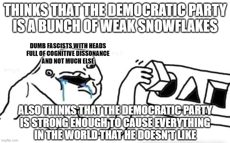 Fascists rhetorically cast their enemies as both too strong and too weak at the same time. | THINKS THAT THE DEMOCRATIC PARTY
IS A BUNCH OF WEAK SNOWFLAKES; DUMB FASCISTS WITH HEADS
FULL OF COGNITIVE DISSONANCE
AND NOT MUCH ELSE; ALSO THINKS THAT THE DEMOCRATIC PARTY
IS STRONG ENOUGH TO CAUSE EVERYTHING
IN THE WORLD THAT HE DOESN'T LIKE | image tagged in stupid dumb drooling puzzle,conservative logic,cognitive dissonance,fascism,strong,weak | made w/ Imgflip meme maker