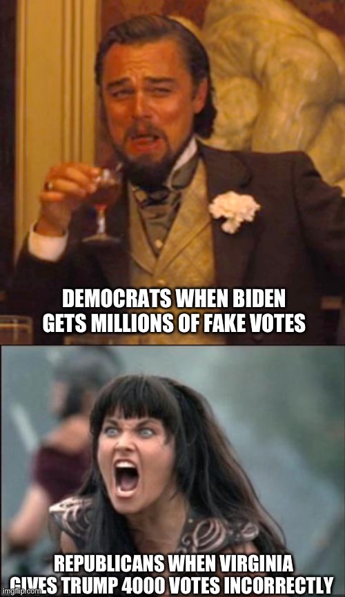 That is the difference in a nutshell. We want all votes counted correctly. They want to win at any cost. | DEMOCRATS WHEN BIDEN GETS MILLIONS OF FAKE VOTES; REPUBLICANS WHEN VIRGINIA GIVES TRUMP 4000 VOTES INCORRECTLY | image tagged in politics,election 2020,liberal hypocrisy,cheaters,virginia,donald trump | made w/ Imgflip meme maker