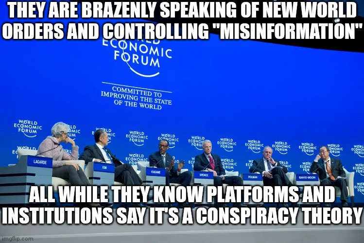 WEF talk | THEY ARE BRAZENLY SPEAKING OF NEW WORLD
ORDERS AND CONTROLLING "MISINFORMATION"; ALL WHILE THEY KNOW PLATFORMS AND INSTITUTIONS SAY IT'S A CONSPIRACY THEORY | image tagged in wef,democrats,liberals,new world order | made w/ Imgflip meme maker