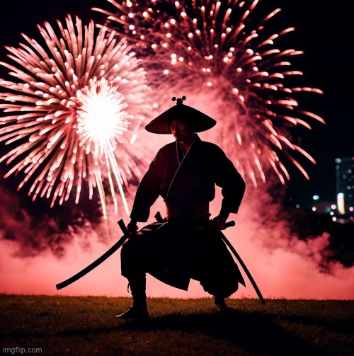 image tagged in samurai,fireworks,red,darkness | made w/ Imgflip meme maker