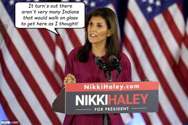 Nikki talks to Iowa | It turn's out there aren't very many Indians that would walk on glass to get here as I thought! | image tagged in nikki haley,trump,iowa,caucus,election 2024,maga | made w/ Imgflip meme maker