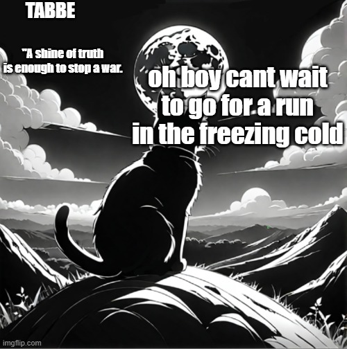 it might be 8:20pm but that wont stop me | oh boy cant wait to go for a run in the freezing cold | image tagged in tabbe moon cat temp thing | made w/ Imgflip meme maker