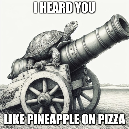 this means war | I HEARD YOU; LIKE PINEAPPLE ON PIZZA | image tagged in turtle on a cannon,pineapple pizza,pizza | made w/ Imgflip meme maker