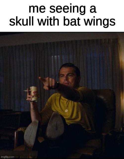 Leonardo DiCaprio Pointing | me seeing a skull with bat wings | image tagged in leonardo dicaprio pointing | made w/ Imgflip meme maker