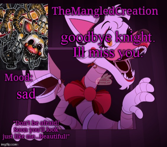 Temp For TheMangledCreation (By Evan) | goodbye knight. Ill miss you. sad | image tagged in temp for themangledcreation by evan | made w/ Imgflip meme maker