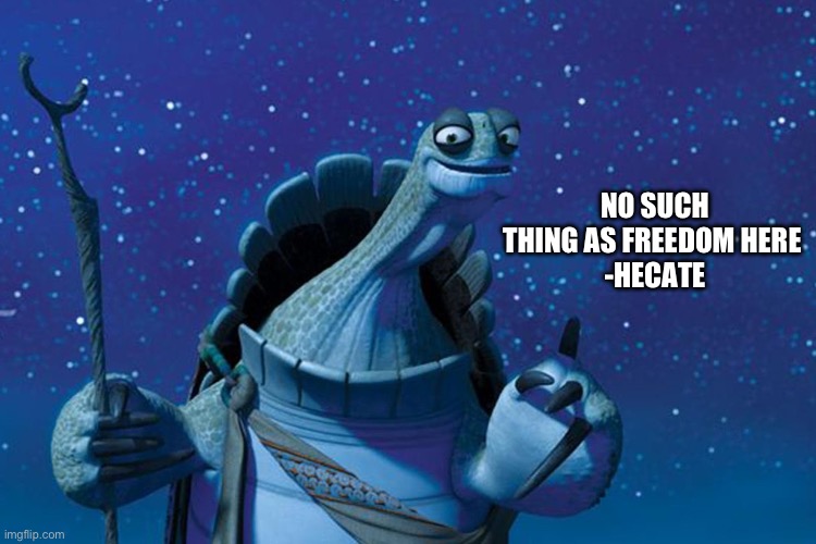 Master Oogway | NO SUCH THING AS FREEDOM HERE 
-HECATE | image tagged in master oogway | made w/ Imgflip meme maker