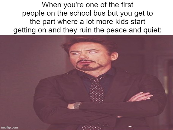 Who can relate to this | When you're one of the first people on the school bus but you get to the part where a lot more kids start getting on and they ruin the peace and quiet: | image tagged in face you make robert downey jr,school | made w/ Imgflip meme maker