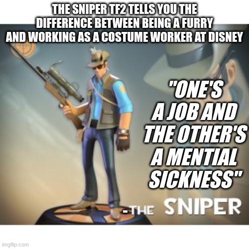 You know which is which | THE SNIPER TF2 TELLS YOU THE DIFFERENCE BETWEEN BEING A FURRY AND WORKING AS A COSTUME WORKER AT DISNEY; "ONE'S A JOB AND THE OTHER'S A MENTIAL SICKNESS"; - | image tagged in the sniper tf2 meme,anti furry | made w/ Imgflip meme maker