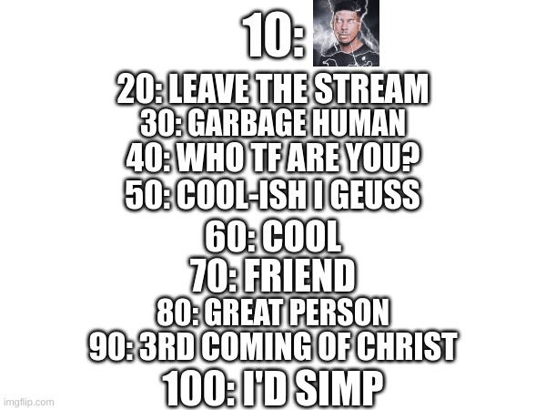 made my own rating chart | 10:; 20: LEAVE THE STREAM; 30: GARBAGE HUMAN; 40: WHO TF ARE YOU? 50: COOL-ISH I GEUSS; 60: COOL; 70: FRIEND; 80: GREAT PERSON; 90: 3RD COMING OF CHRIST; 100: I'D SIMP | image tagged in rate me | made w/ Imgflip meme maker