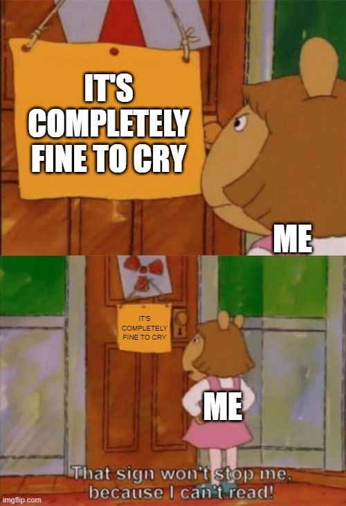 DW Sign Won't Stop Me Because I Can't Read | IT'S COMPLETELY FINE TO CRY; ME; IT'S COMPLETELY FINE TO CRY; ME | image tagged in dw sign won't stop me because i can't read,crying,depressing meme week,depression,reading | made w/ Imgflip meme maker