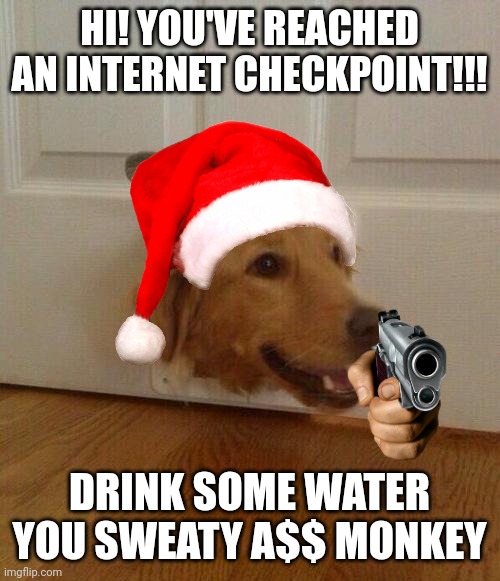 doggy door | HI! YOU'VE REACHED AN INTERNET CHECKPOINT!!! DRINK SOME WATER YOU SWEATY A$$ MONKEY | image tagged in doggy door | made w/ Imgflip meme maker