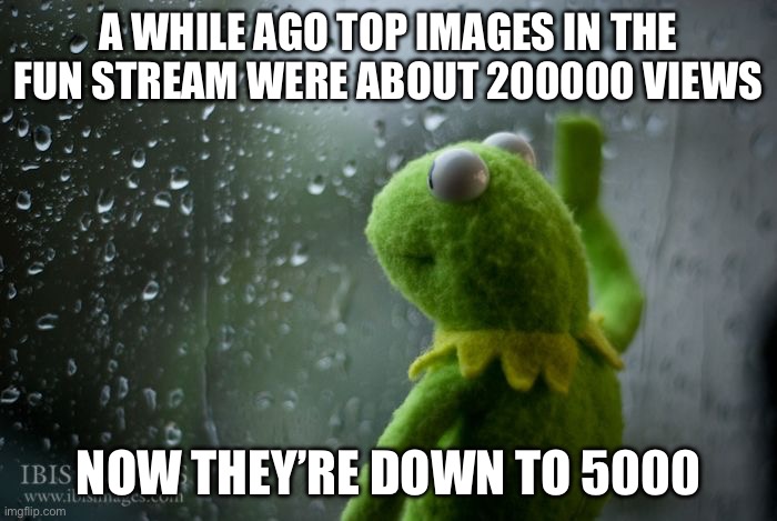 What happened ಠ_ಠ | A WHILE AGO TOP IMAGES IN THE FUN STREAM WERE ABOUT 200000 VIEWS; NOW THEY’RE DOWN TO 5000 | image tagged in kermit window,sad,imgflip | made w/ Imgflip meme maker