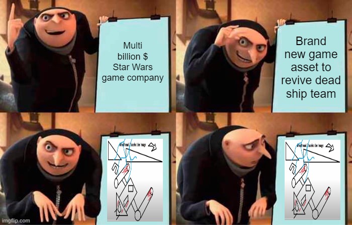 EA art department now hiring | Multi billion $ Star Wars game company; Brand new game asset to revive dead ship team | image tagged in memes,gru's plan | made w/ Imgflip meme maker