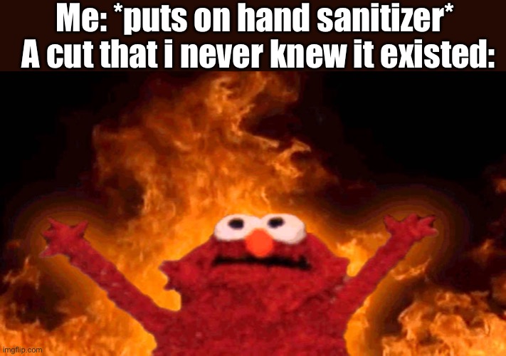 It happens always | Me: *puts on hand sanitizer*; A cut that i never knew it existed: | image tagged in elmo fire,memes,funny,humor,ouch,hand sanitizer | made w/ Imgflip meme maker