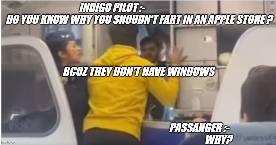INDIGO IS THE BEST FLIGHT | INDIGO PILOT :-                            DO YOU KNOW WHY YOU SHOUDN'T FART IN AN APPLE STORE ? BCOZ THEY DON'T HAVE WINDOWS; PASSANGER :-  
                                                                             WHY? | image tagged in funny | made w/ Imgflip meme maker