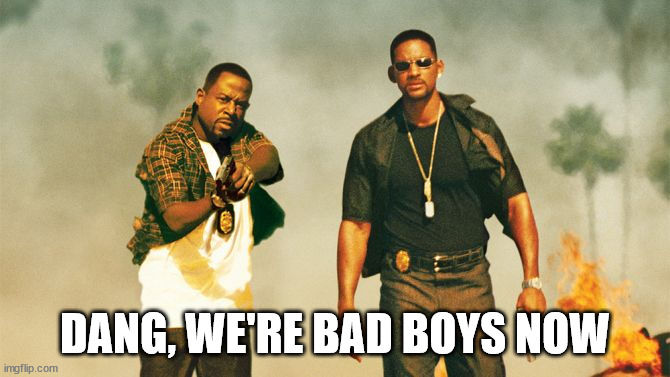 bad boys | DANG, WE'RE BAD BOYS NOW | image tagged in bad boys | made w/ Imgflip meme maker