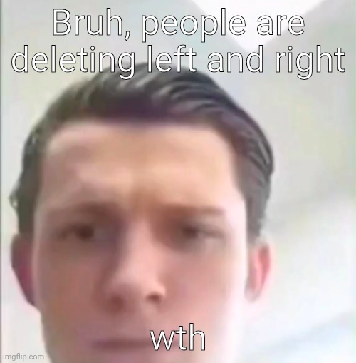 Tom Holland | Bruh, people are deleting left and right; wth | image tagged in tom holland | made w/ Imgflip meme maker