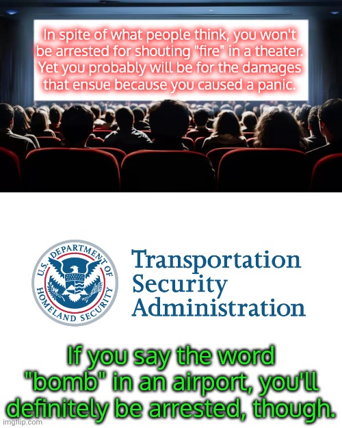 Even if it's just slang. | In spite of what people think, you won't
be arrested for shouting "fire" in a theater.
Yet you probably will be for the damages
that ensue because you caused a panic. If you say the word "bomb" in an airport, you'll definitely be arrested, though. | image tagged in crowded theater,tsa,first amendment,consequences | made w/ Imgflip meme maker